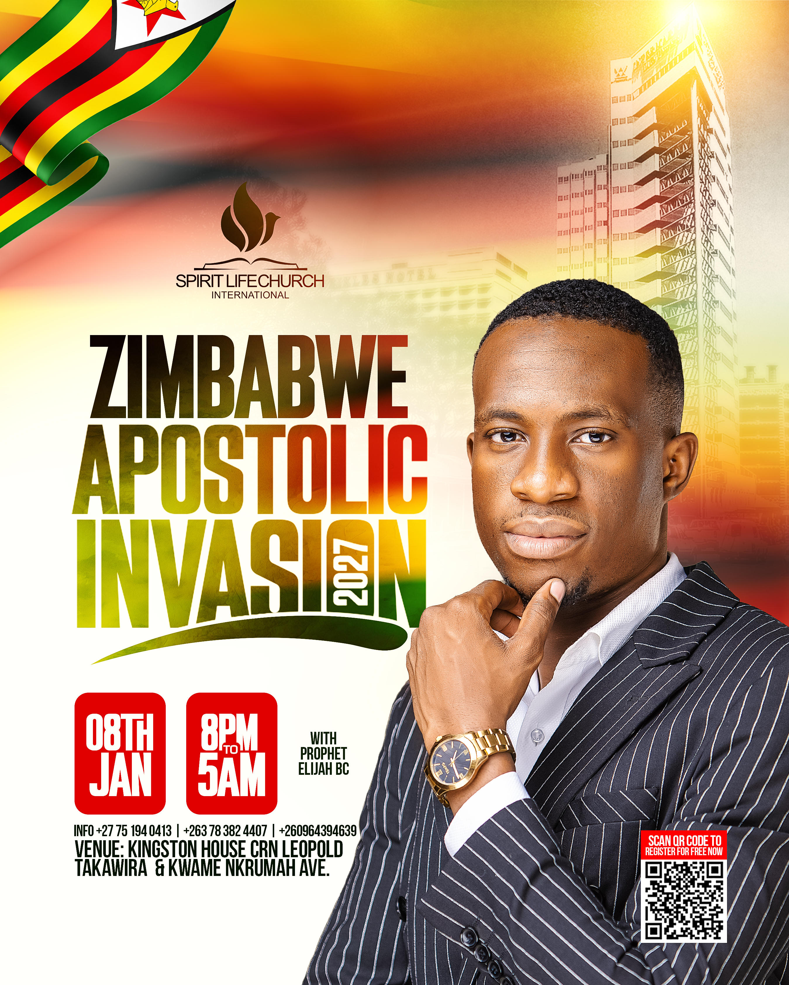 Zimbabwe Apostolic Invasion 2027 poster featuring Prophet Elijah BC, event date, time, Kingston House venue, contact numbers and registration QR code